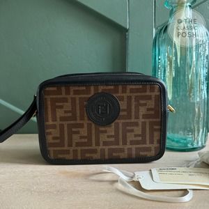 Fendi Glazed Fabric Vitello Century 1974 Stamp Black Camera Case Bag